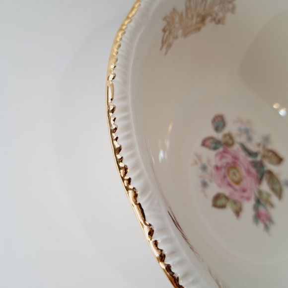 Vintage Homer Laughlin Made In USA Queen Ester Pink Rose‎ Gold Trim Serving Bowl - Picture 3 of 6